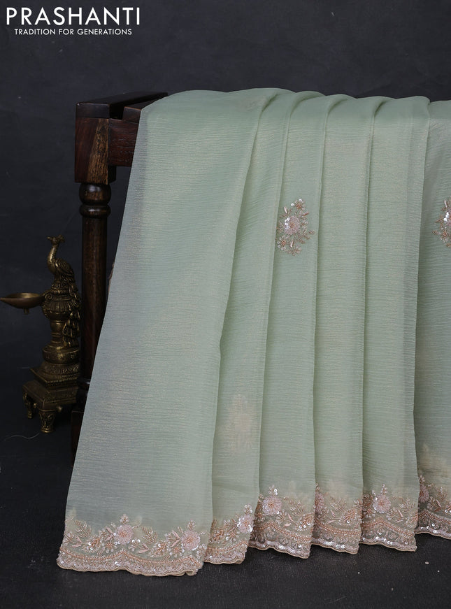 Crush tissue silk saree pista green with cut beads & sequin embroidery work
