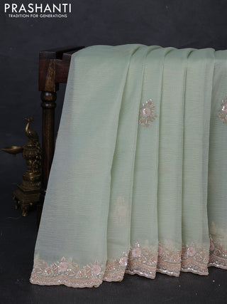 Crush tissue silk saree pista green with cut beads & sequin embroidery work