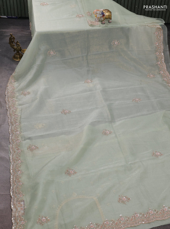 Crush tissue silk saree pista green with cut beads & sequin embroidery work