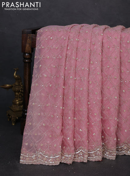 Crush tissue silk saree pastel pink with allover cut beads & sequin embroidery work