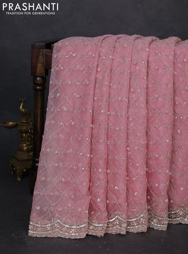Crush tissue silk saree pastel pink with allover cut beads & sequin embroidery work