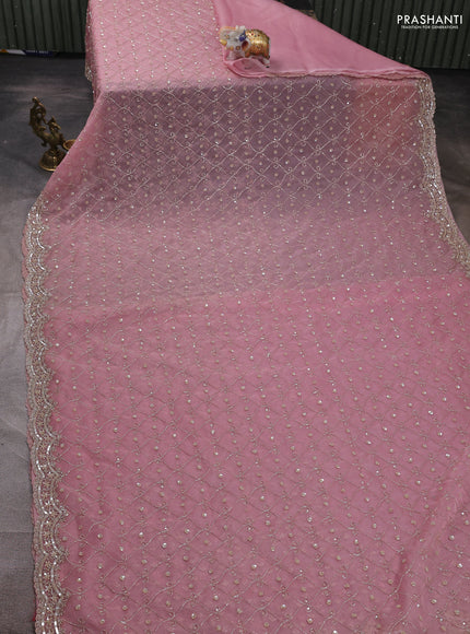Crush tissue silk saree pastel pink with allover cut beads & sequin embroidery work