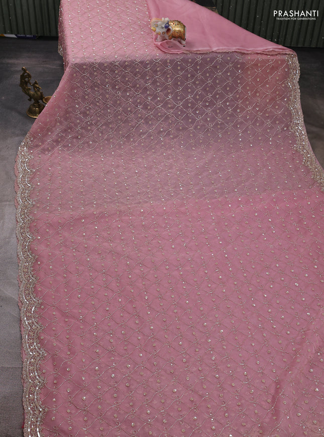 Crush tissue silk saree pastel pink with allover cut beads & sequin embroidery work