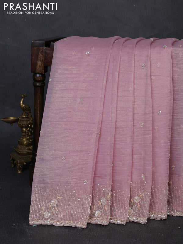 Crush tissue silk saree pastel pink with cut beads & sequin embroidery work