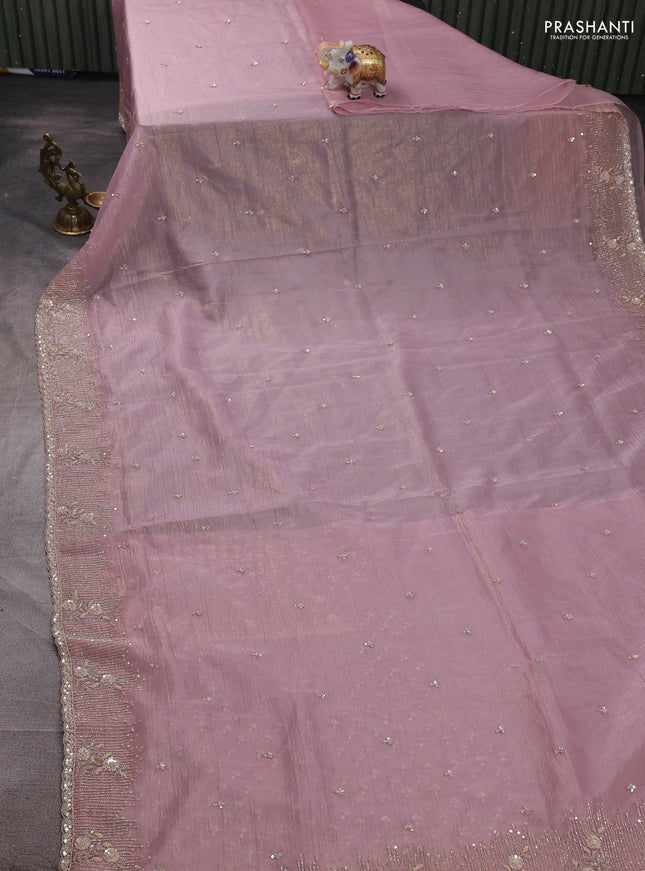 Crush tissue silk saree pastel pink with cut beads & sequin embroidery work