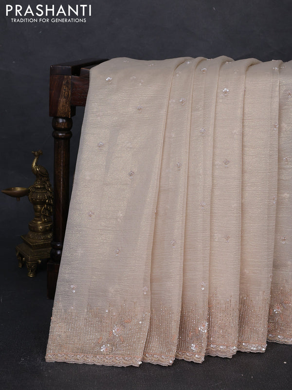 Crush tissue silk saree beige with cut beads & sequin embroidery work