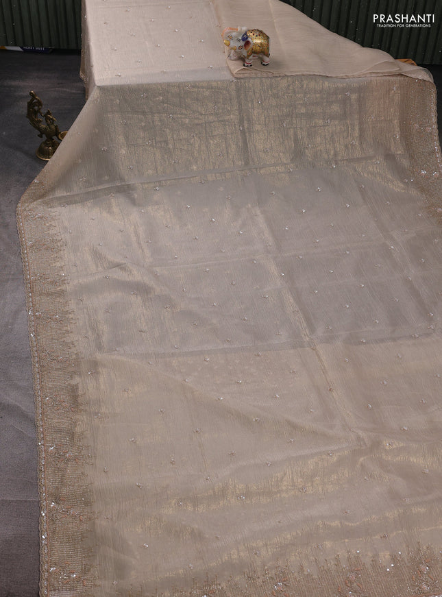 Crush tissue silk saree beige with cut beads & sequin embroidery work