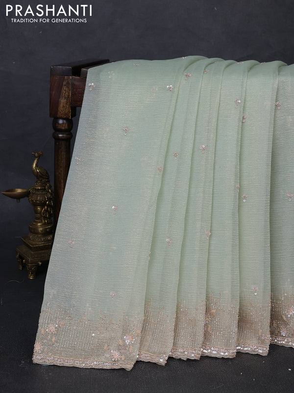 Crush tissue silk saree pista green with cut beads & sequin embroidery work