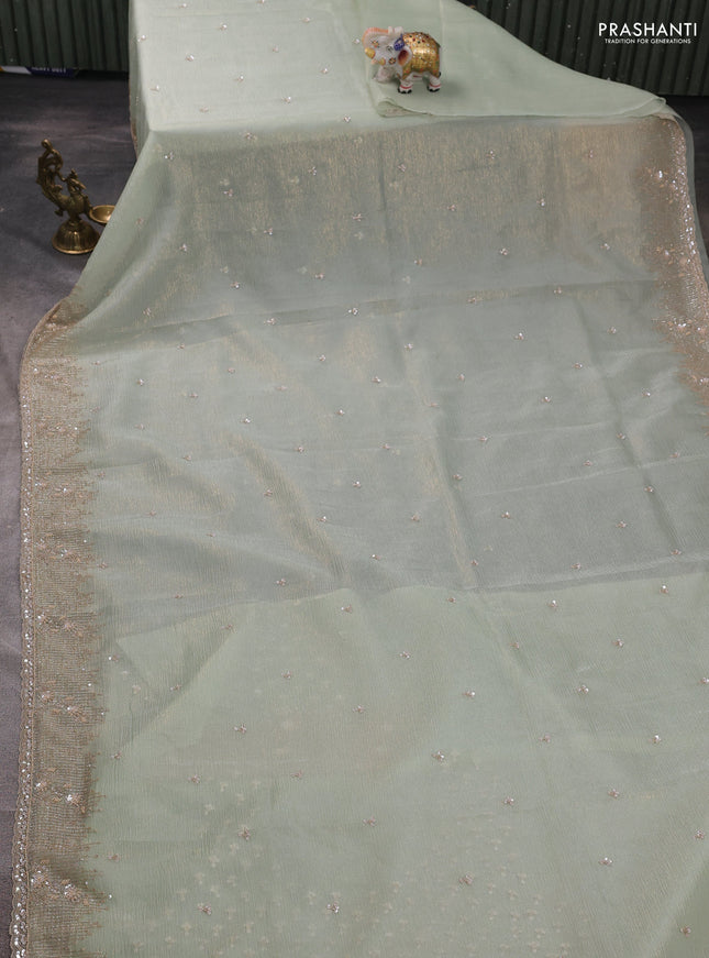 Crush tissue silk saree pista green with cut beads & sequin embroidery work