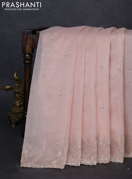 Crush tissue silk saree mild peach with cut beads & sequin embroidery work
