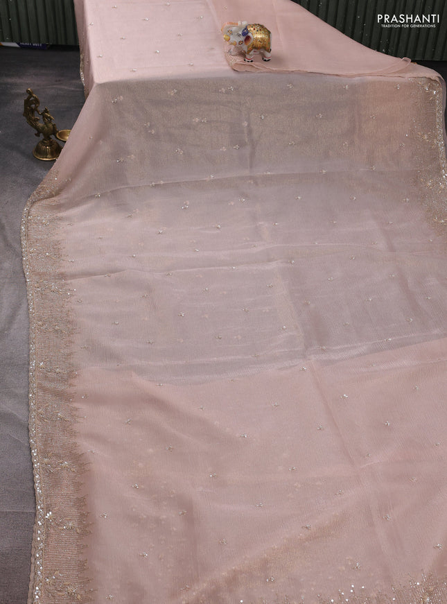 Crush tissue silk saree mild peach with cut beads & sequin embroidery work