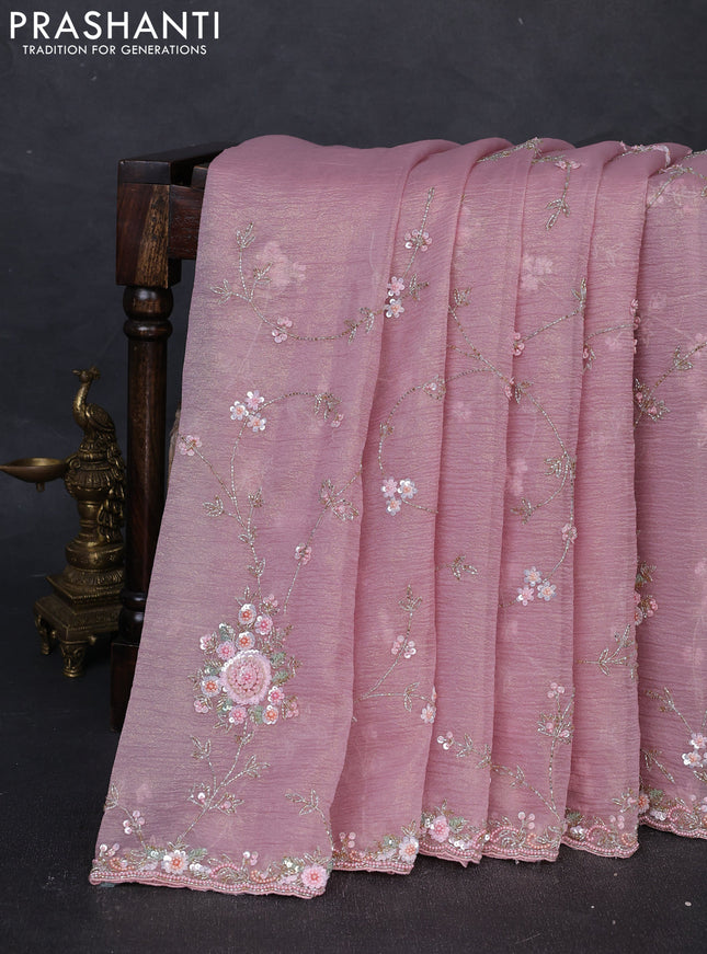 Crush tissue silk saree mild peach with allover sequin embroidery work