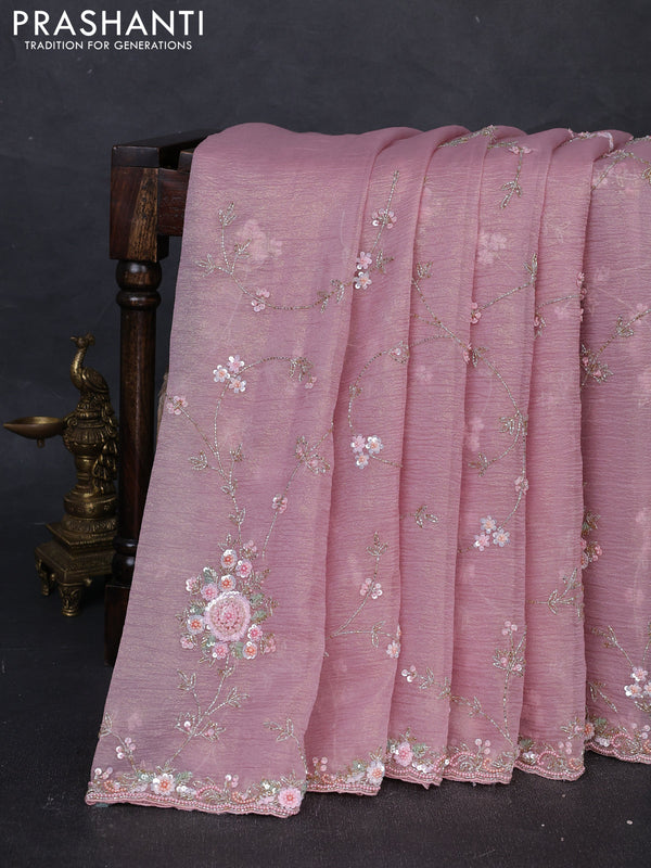 Crush tissue silk saree mild peach with allover sequin embroidery work