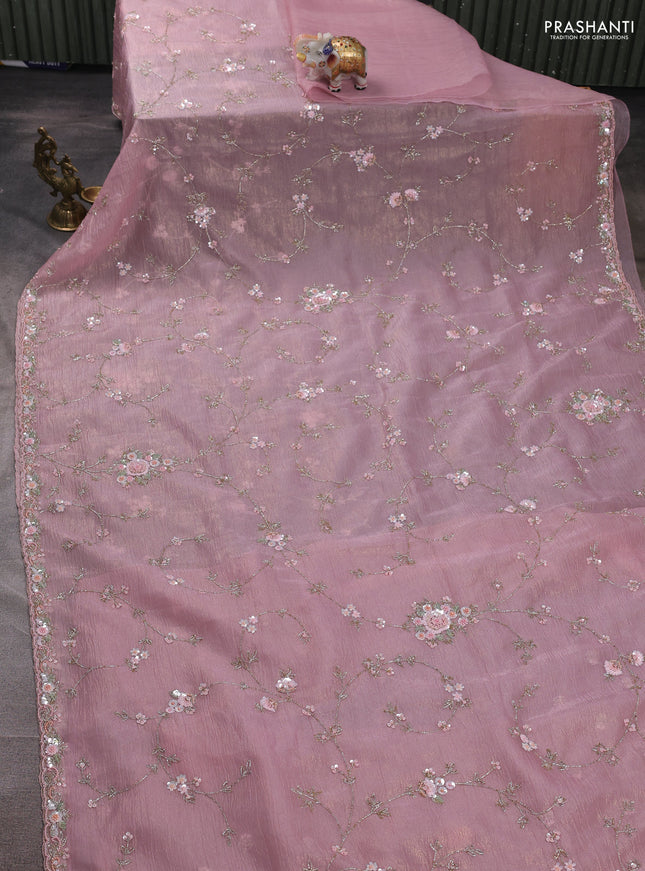 Crush tissue silk saree mild peach with allover sequin embroidery work