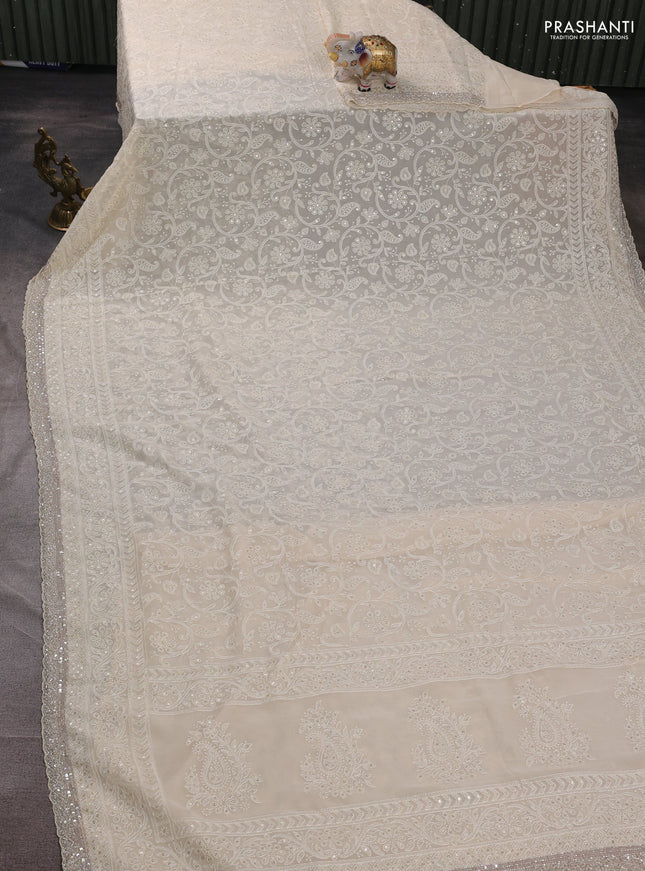 Georgeette saree cream with allover cut beads & sequin embroidery work