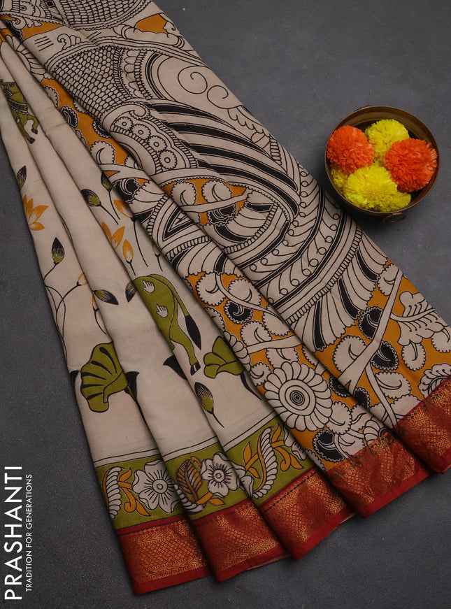 Kalamkari semi silk saree beige and maroon with allover pichwai prints and mangalgiri border