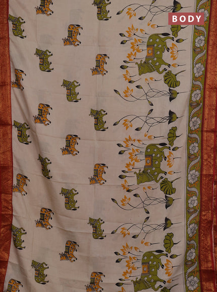 Kalamkari semi silk saree beige and maroon with allover pichwai prints and mangalgiri border