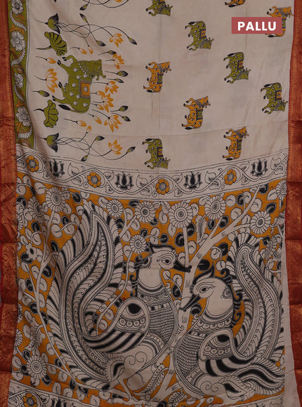 Kalamkari semi silk saree beige and maroon with allover pichwai prints and mangalgiri border