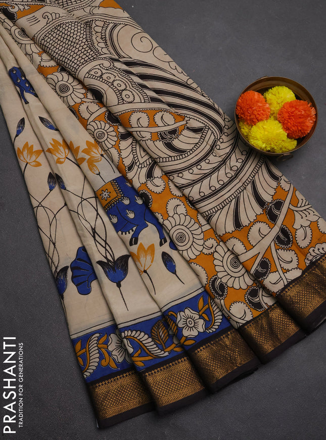 Kalamkari semi silk saree beige and black with allover pichwai prints and mangalgiri border