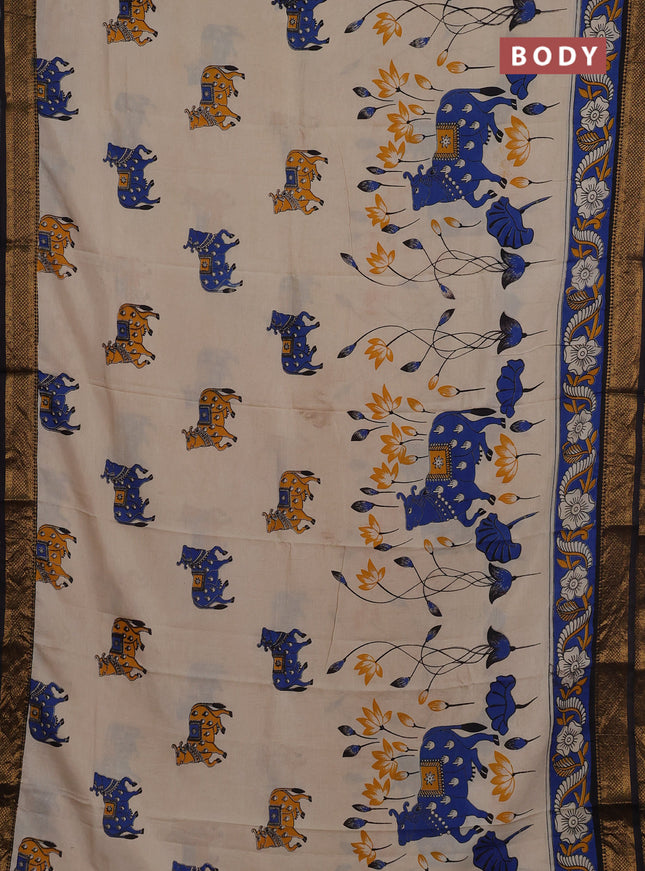 Kalamkari semi silk saree beige and black with allover pichwai prints and mangalgiri border