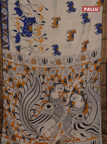 Kalamkari semi silk saree beige and black with allover pichwai prints and mangalgiri border