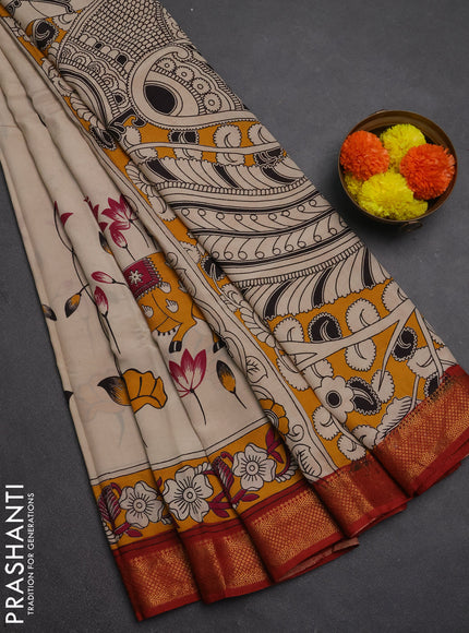 Kalamkari semi silk saree beige and rust shade with allover pichwai prints and mangalgiri border