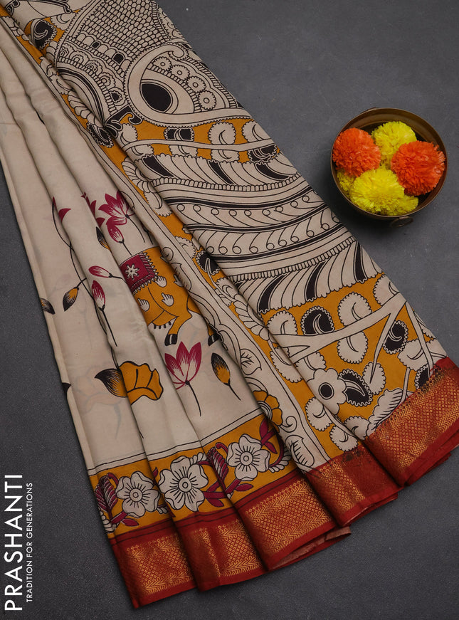 Kalamkari semi silk saree beige and rust shade with allover pichwai prints and mangalgiri border