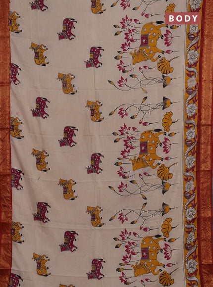 Kalamkari semi silk saree beige and rust shade with allover pichwai prints and mangalgiri border