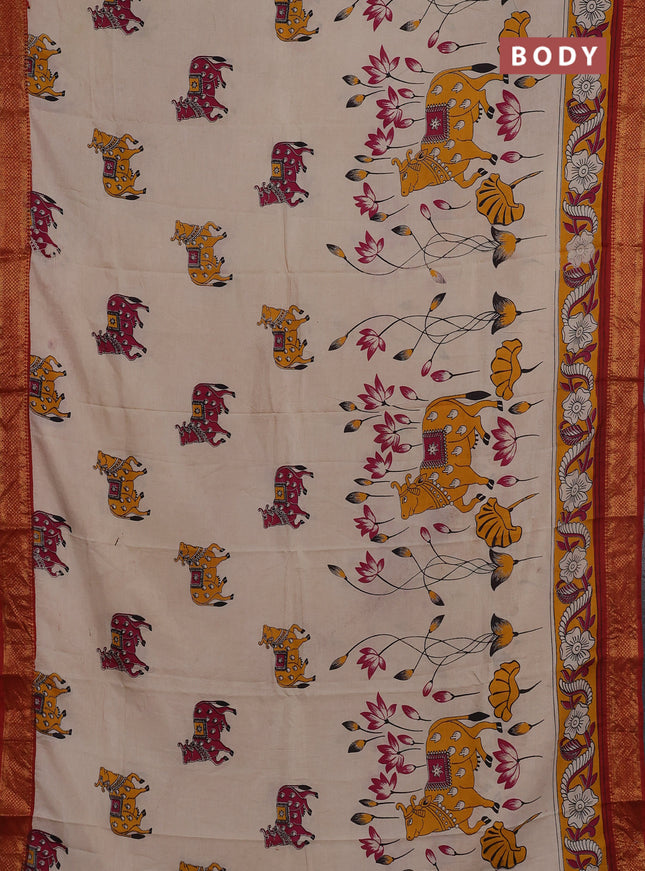 Kalamkari semi silk saree beige and rust shade with allover pichwai prints and mangalgiri border