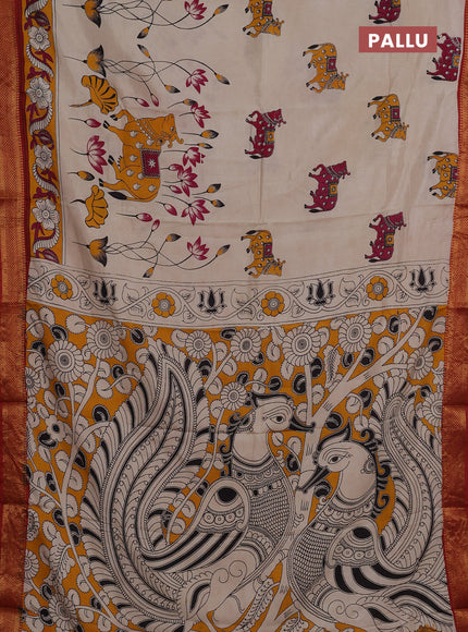 Kalamkari semi silk saree beige and rust shade with allover pichwai prints and mangalgiri border