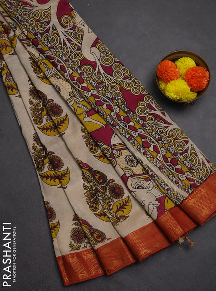 Kalamkari semi silk saree beige and rust shade with allover butta prints and mangalgiri border
