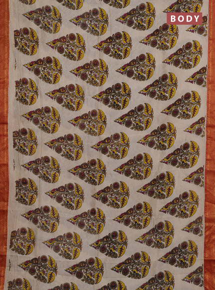 Kalamkari semi silk saree beige and rust shade with allover butta prints and mangalgiri border