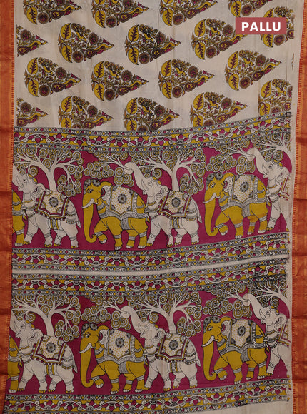 Kalamkari semi silk saree beige and rust shade with allover butta prints and mangalgiri border