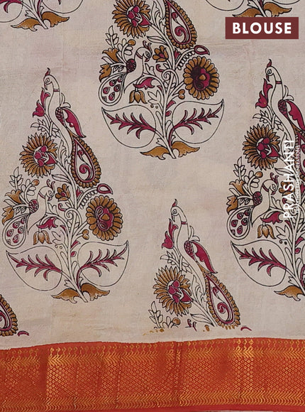 Kalamkari semi silk saree beige and rust shade with allover butta prints and mangalgiri border