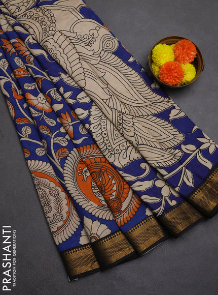 Kalamkari semi silk saree blue and black with allover butta prints and mangalgiri border