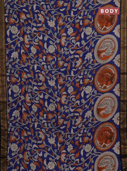 Kalamkari semi silk saree blue and black with allover butta prints and mangalgiri border