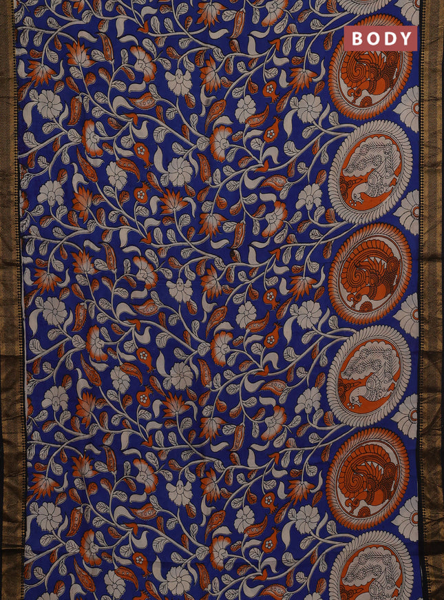 Kalamkari semi silk saree blue and black with allover butta prints and mangalgiri border