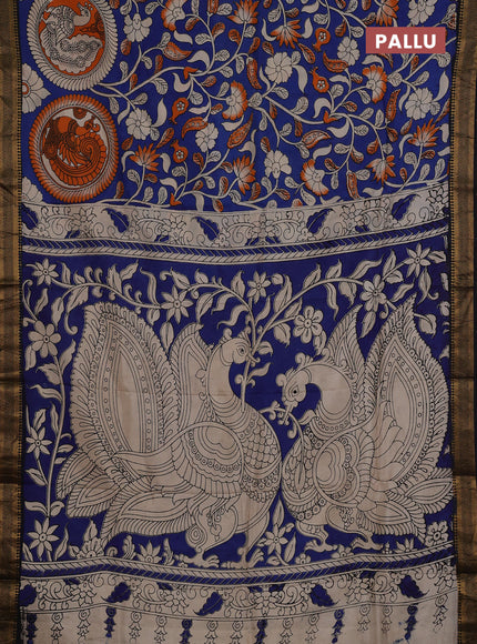 Kalamkari semi silk saree blue and black with allover butta prints and mangalgiri border