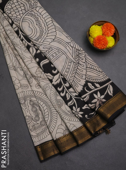 Kalamkari semi silk saree beige and black with allover prints and mangalgiri border