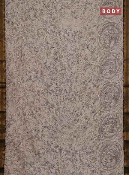 Kalamkari semi silk saree beige and black with allover prints and mangalgiri border
