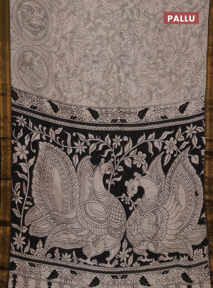 Kalamkari semi silk saree beige and black with allover prints and mangalgiri border