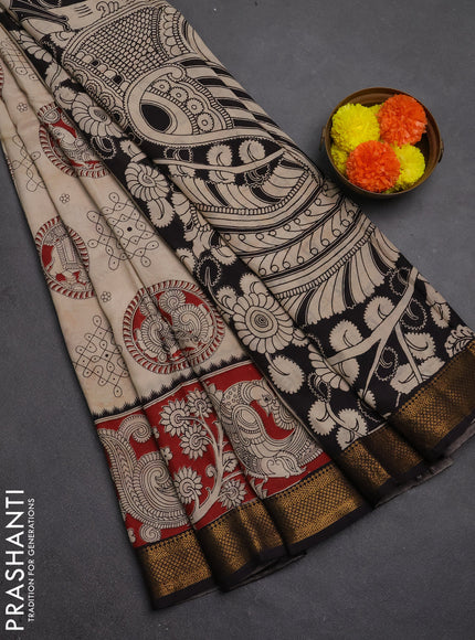 Kalamkari semi silk saree beige and black with allover prints and mangalgiri border