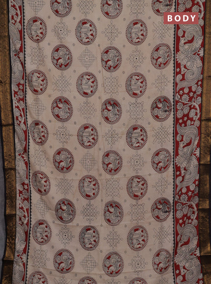 Kalamkari semi silk saree beige and black with allover prints and mangalgiri border