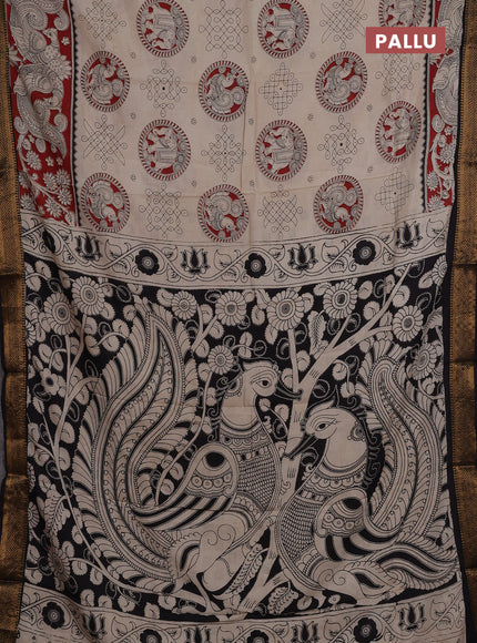 Kalamkari semi silk saree beige and black with allover prints and mangalgiri border