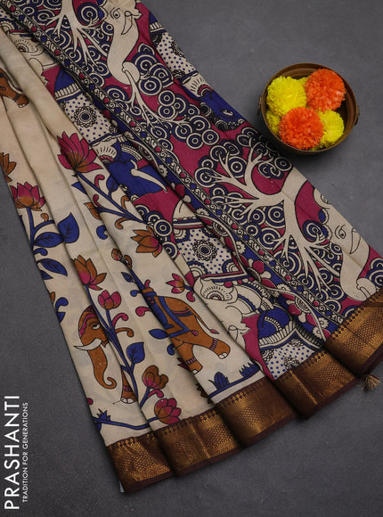Kalamkari semi silk saree beige and coffee brown with allover prints and mangalgiri border