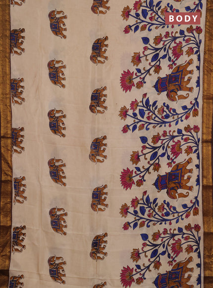 Kalamkari semi silk saree beige and coffee brown with allover prints and mangalgiri border