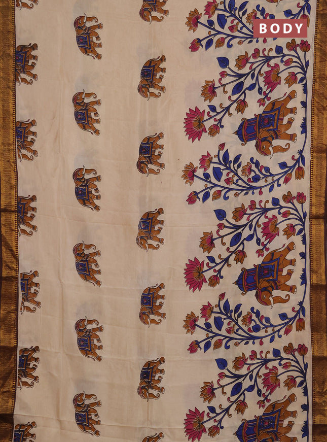 Kalamkari semi silk saree beige and coffee brown with allover prints and mangalgiri border