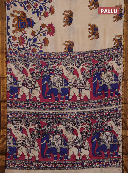 Kalamkari semi silk saree beige and coffee brown with allover prints and mangalgiri border