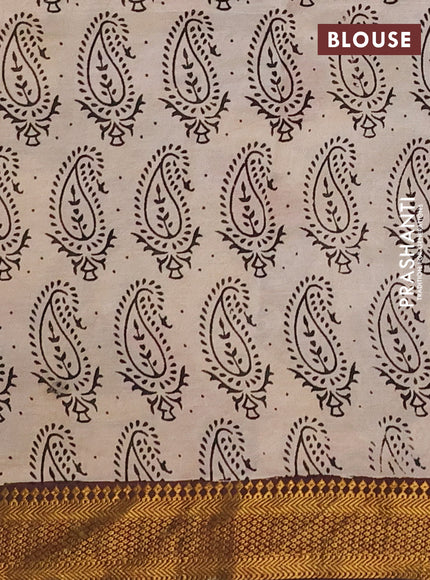 Kalamkari semi silk saree beige and coffee brown with allover prints and mangalgiri border