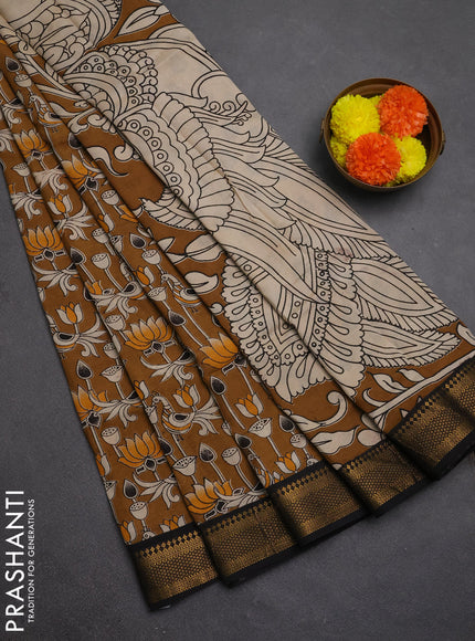 Kalamkari semi silk saree dark beige and black with allover prints and mangalgiri border